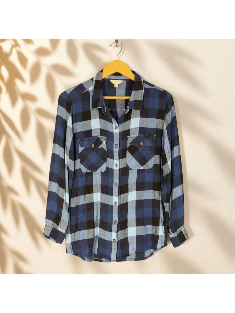 Terra & Sky Shirt Women 1X Plus Blue Plaid Button Up Collared Long Sleeve Casual